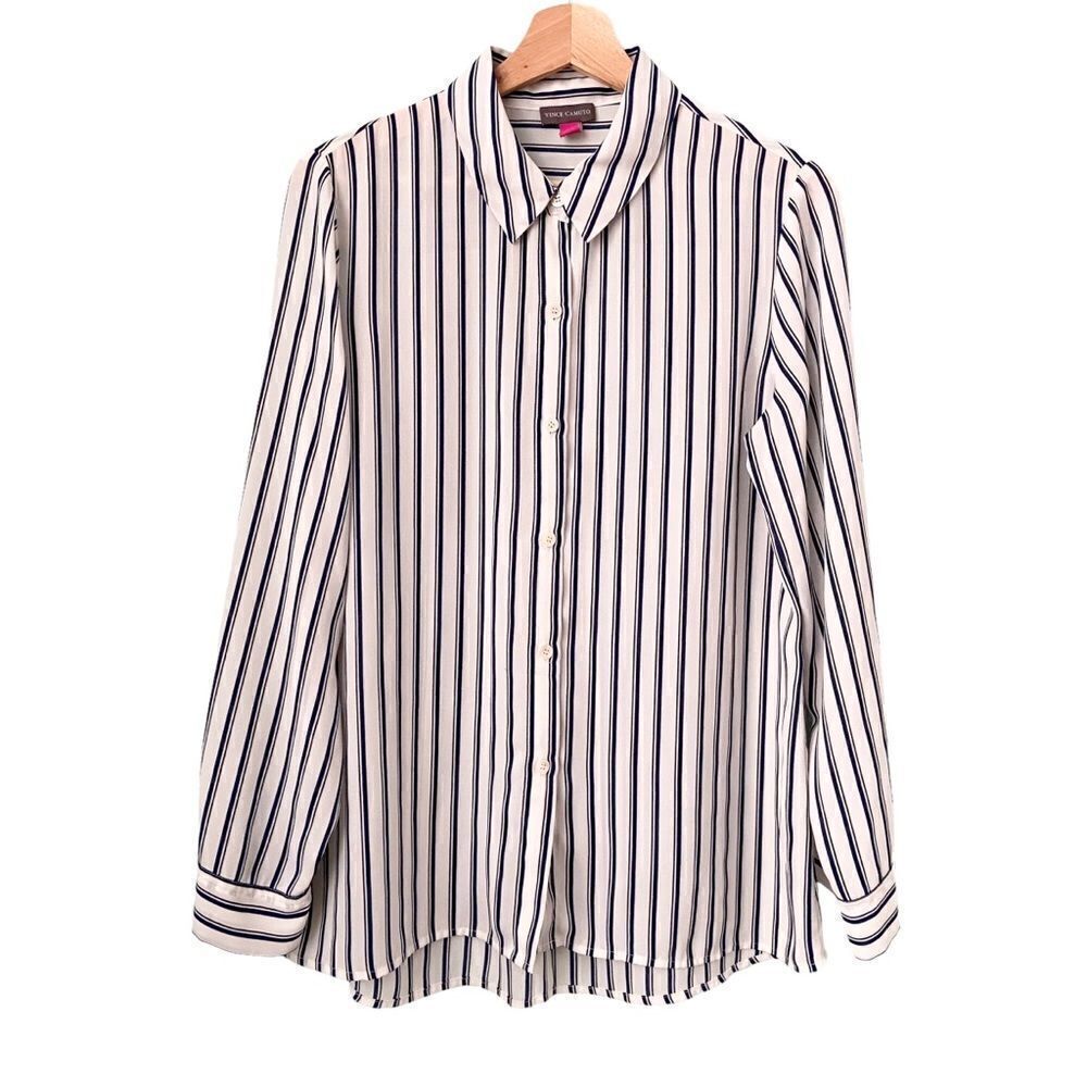 Vince Camuto White and Blue Stripped Front Button Shirt in Size Medium